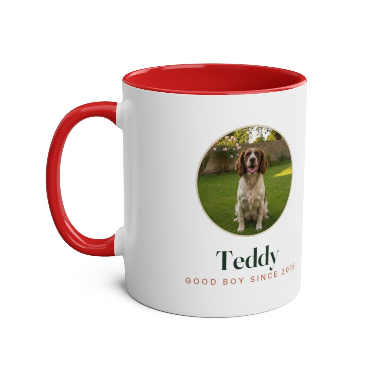 Personalised dog photo two-tone mug mock-up in red with a spaniel's photo in a circle, 'Teddy' and 'Good boy since 2019'