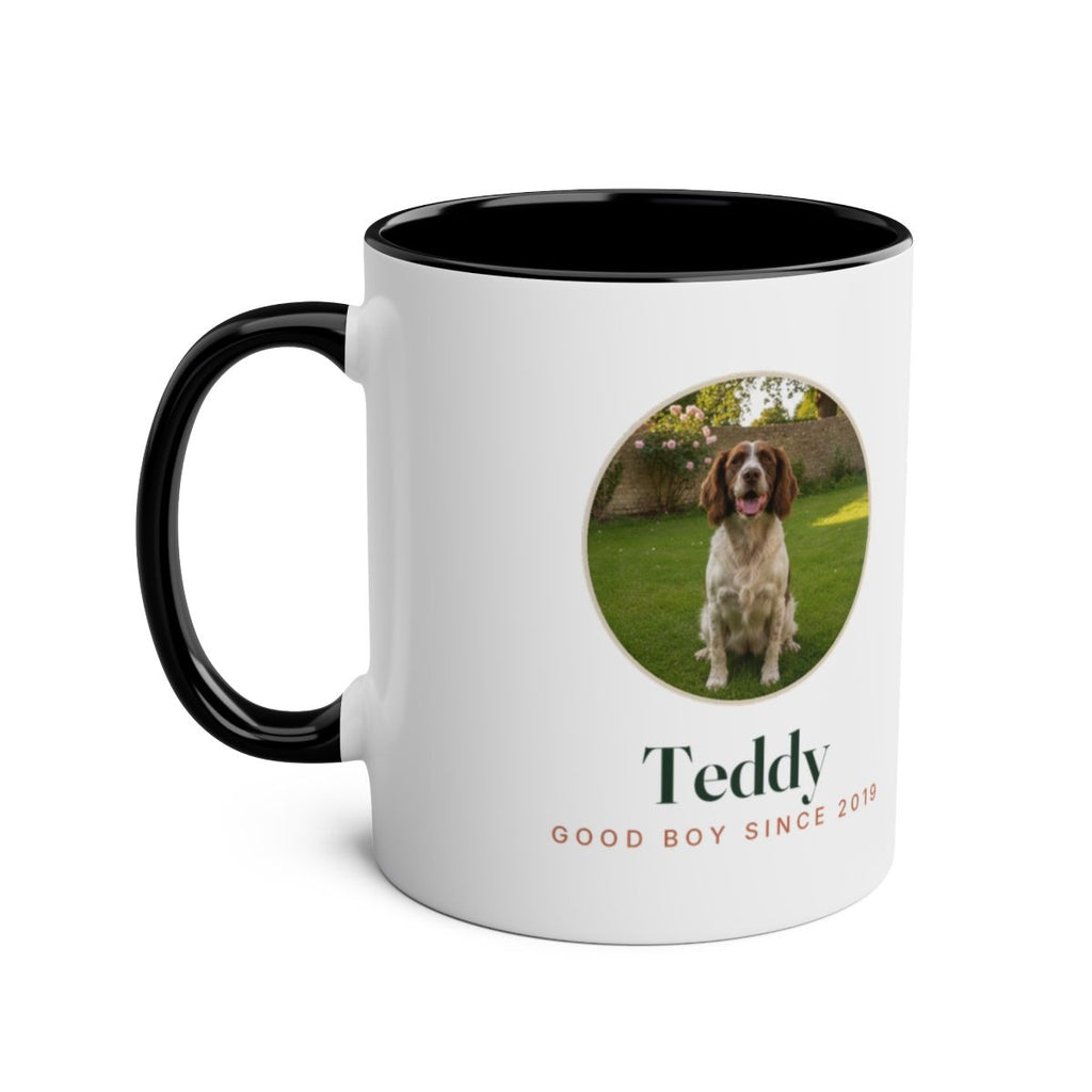 Dog photo two-tone mug mock-up in black, handle on the left, with the sample spaniel photo and name 'Teddy'