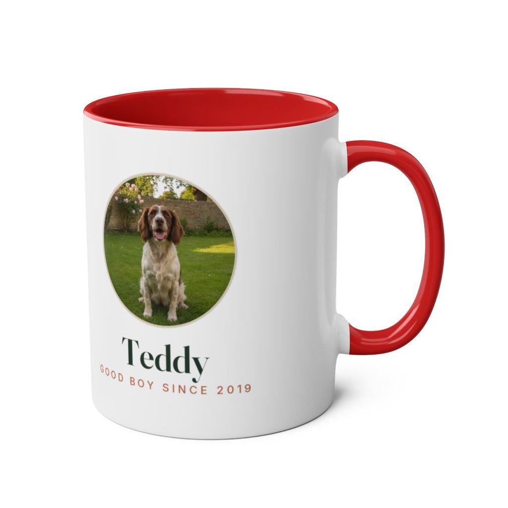Dog photo two-tone mug in red with the handle on the right, showing the photo and name printed on the other side