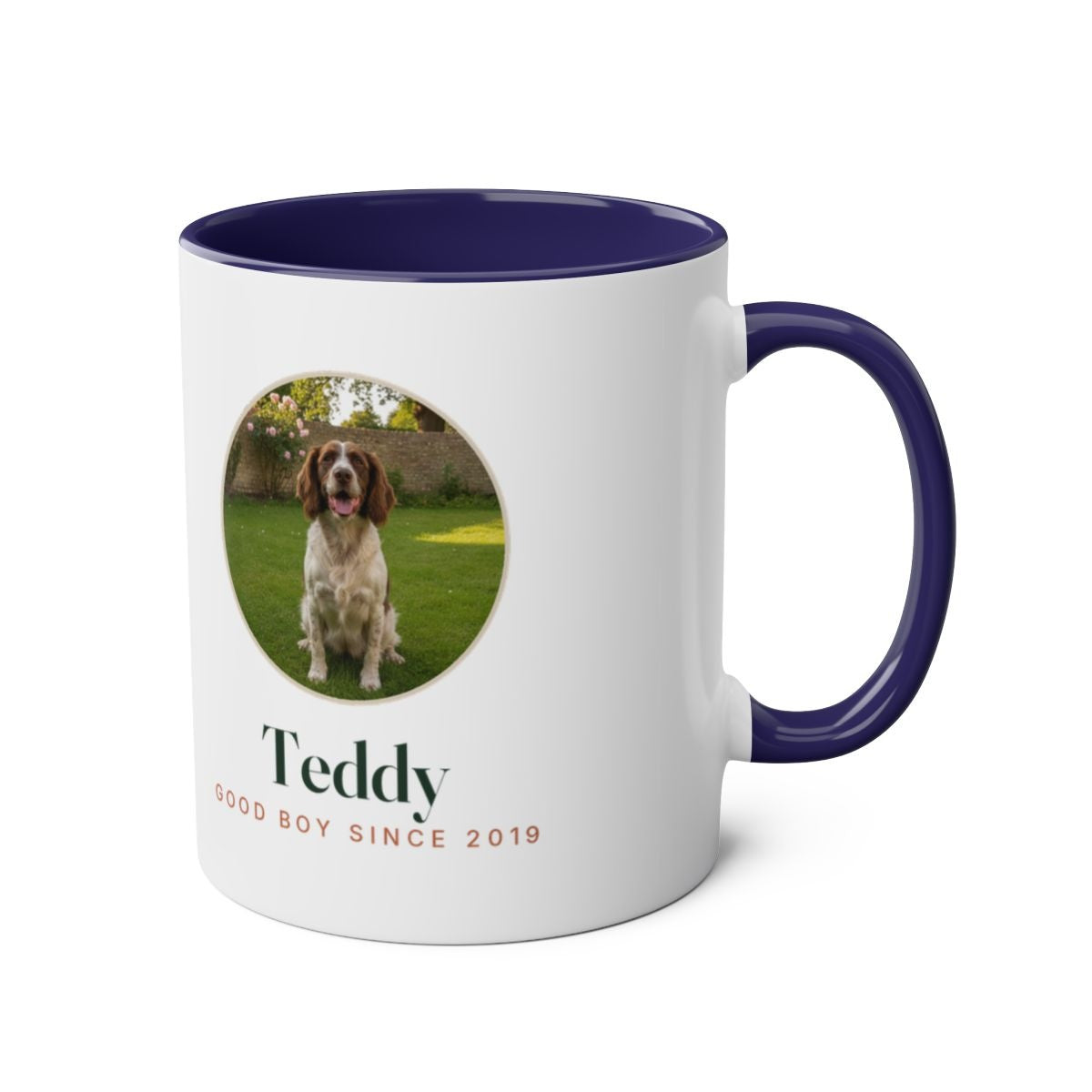 Dog photo two-tone mug in dark blue with the handle on the right, showing the photo and name on the other side