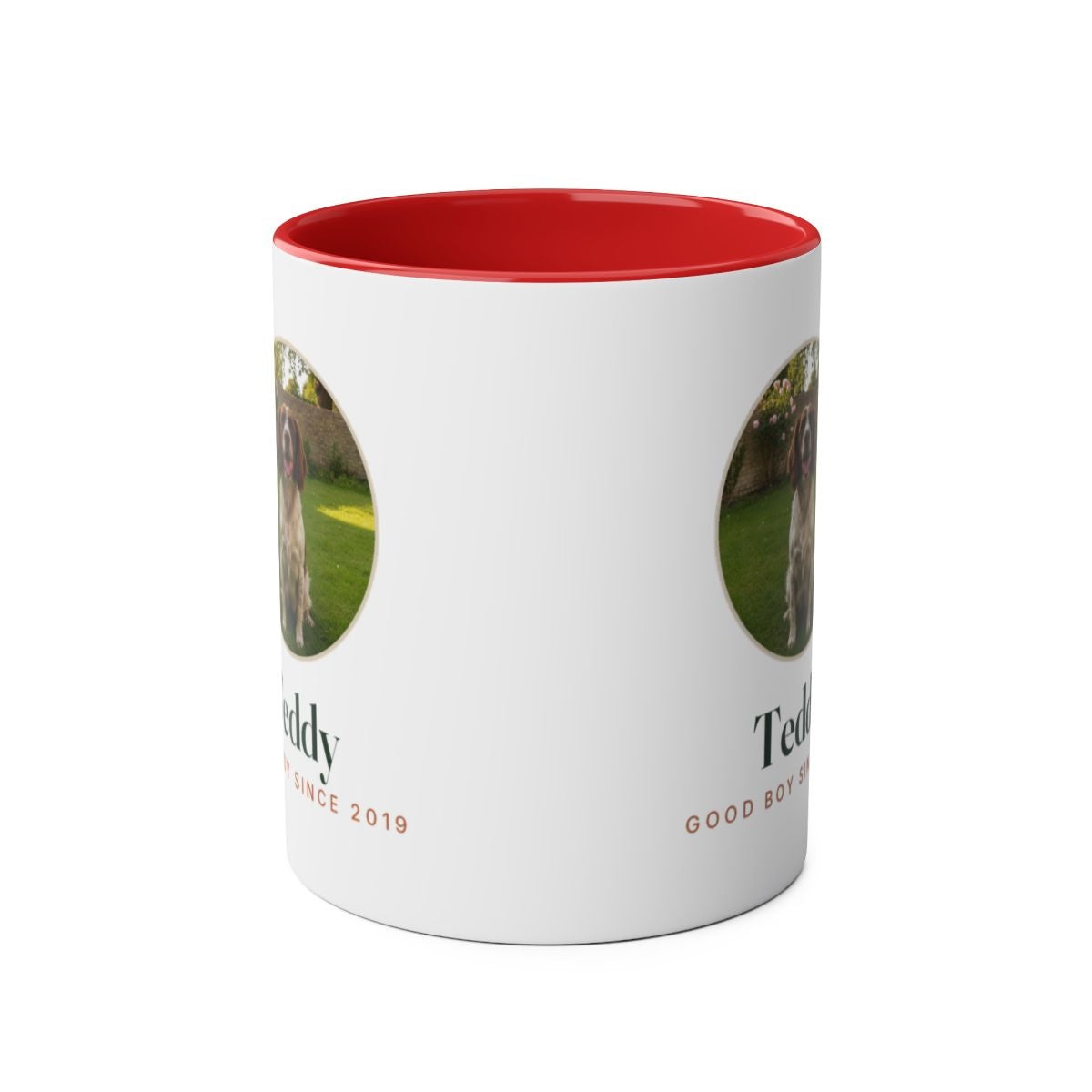 Dog photo two-tone mug in red seen straight on with the handle behind, the spaniel photo visible on both sides