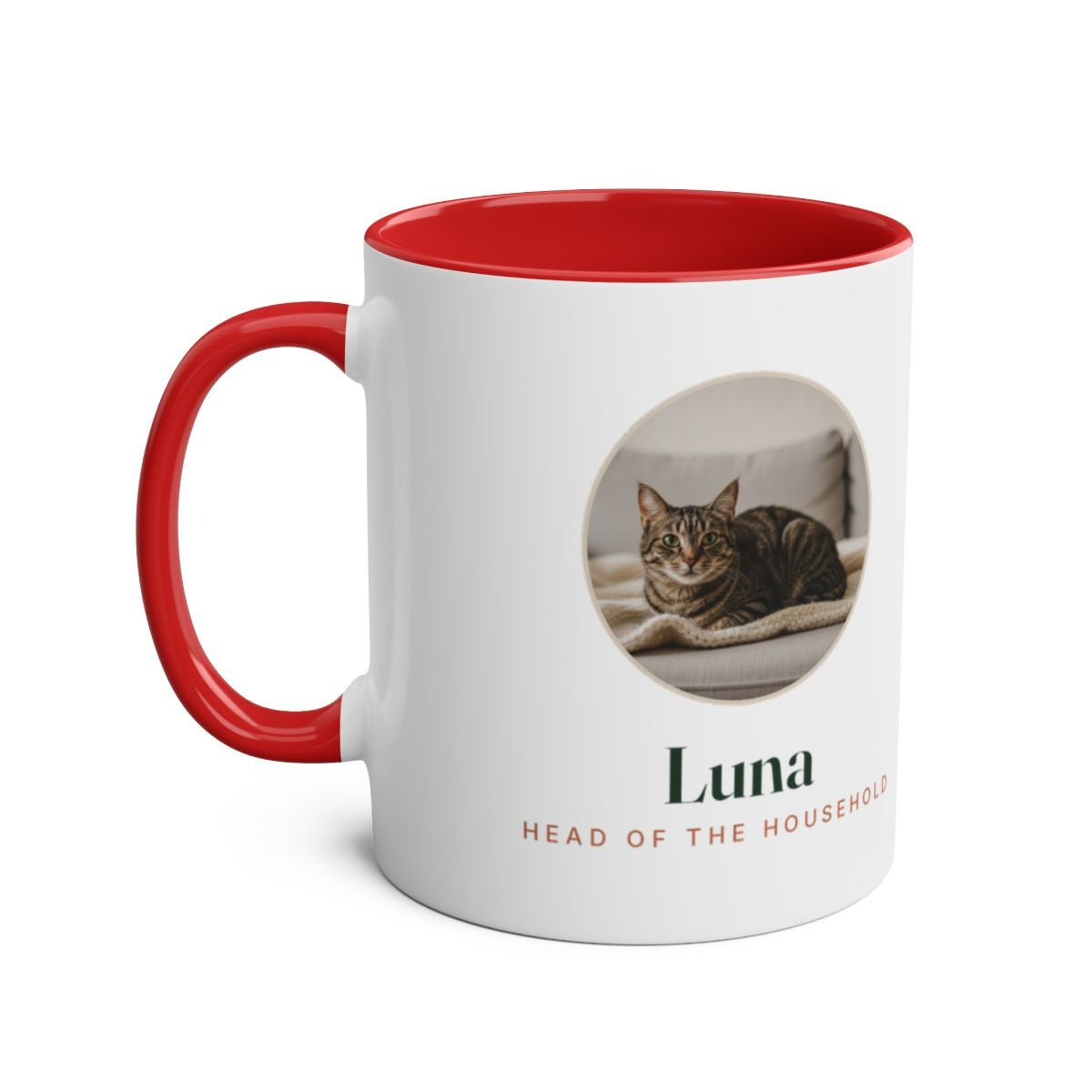 Personalised cat photo two-tone mug mock-up, red inside and handle, with a round tabby photo, 'Luna', 'Head of the household'