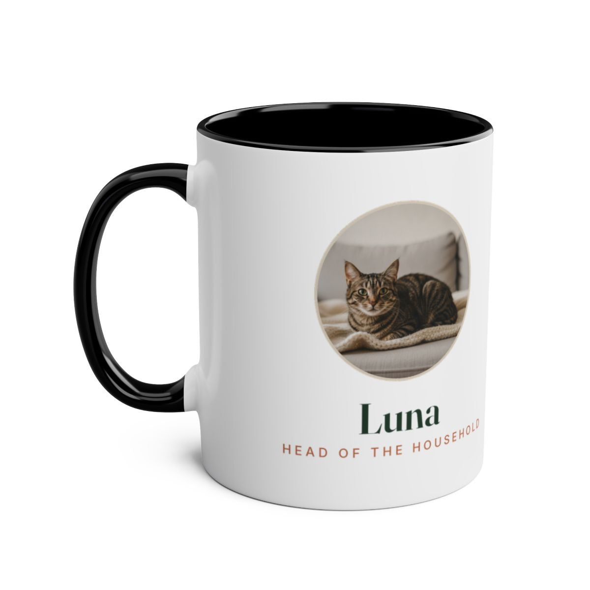 Cat photo two-tone mug mock-up in the black colour, handle on the left, with the round cat photo and sample name 'Luna'