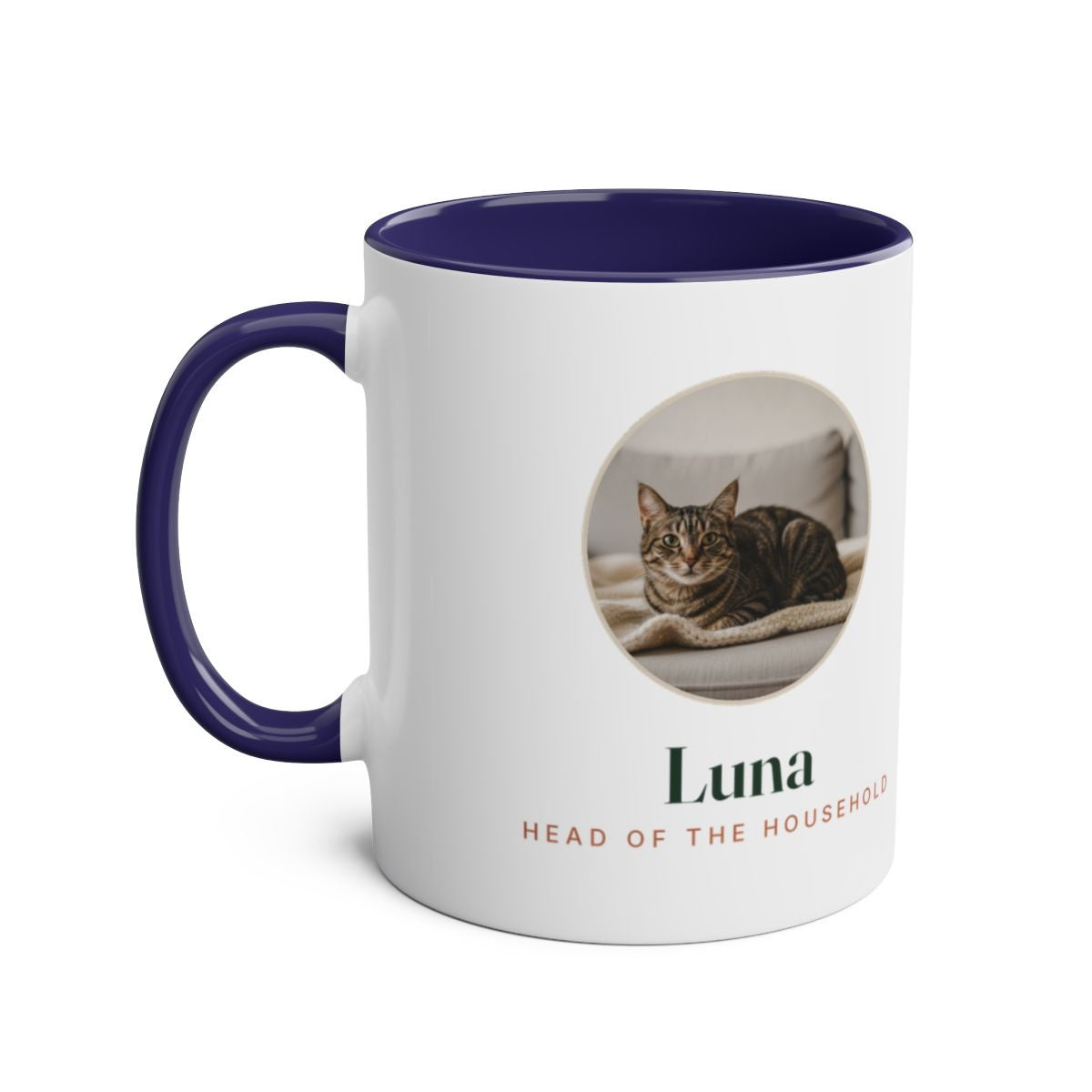Cat photo two-tone mug mock-up in the dark blue colour, handle on the left, with the round cat photo and 'Luna'