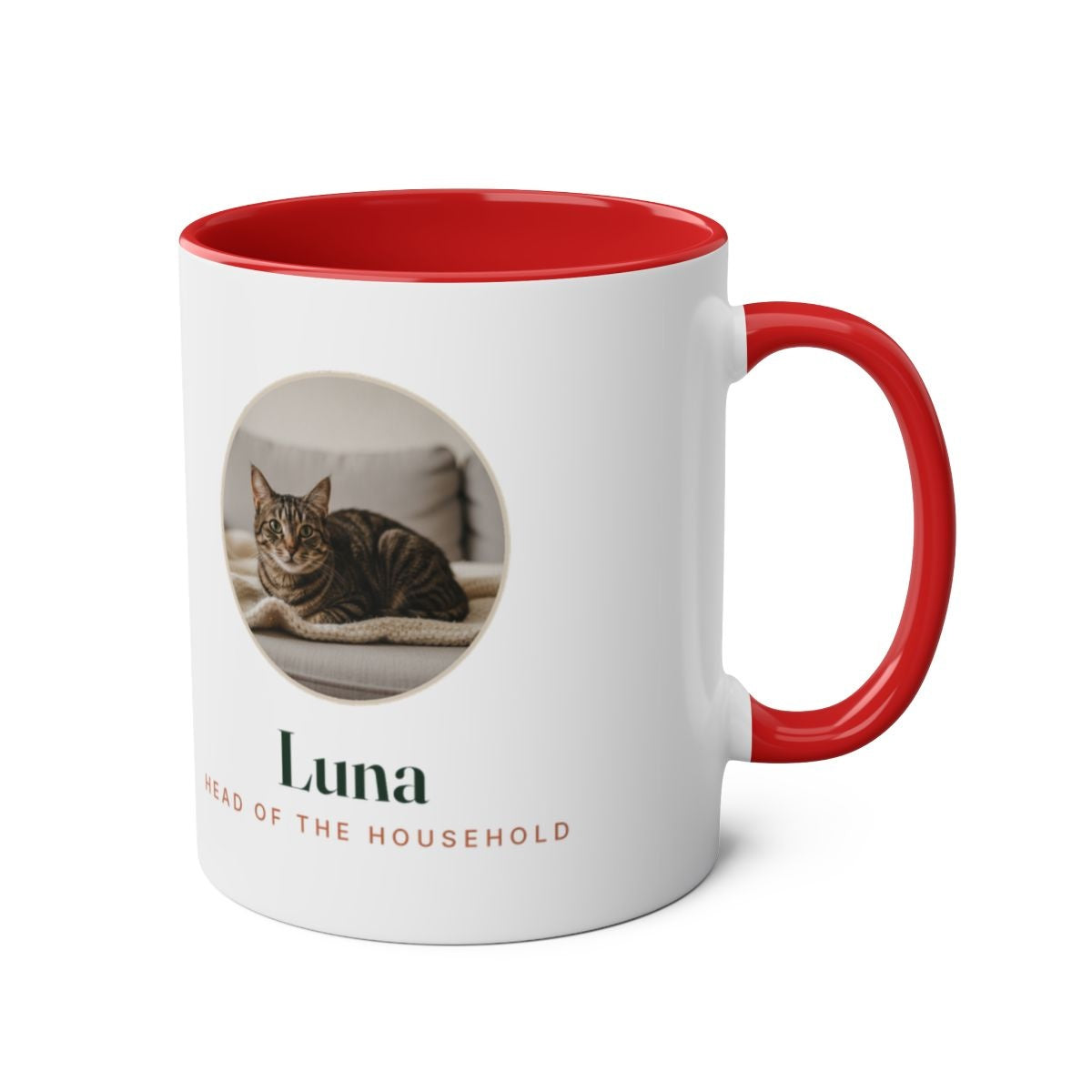 Cat photo two-tone mug in red with the handle on the right, showing the cat photo and name printed on the other side