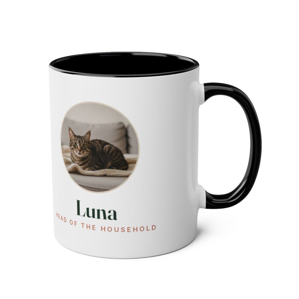 Cat photo two-tone mug in black with the handle on the right, showing the cat photo and name printed on the other side