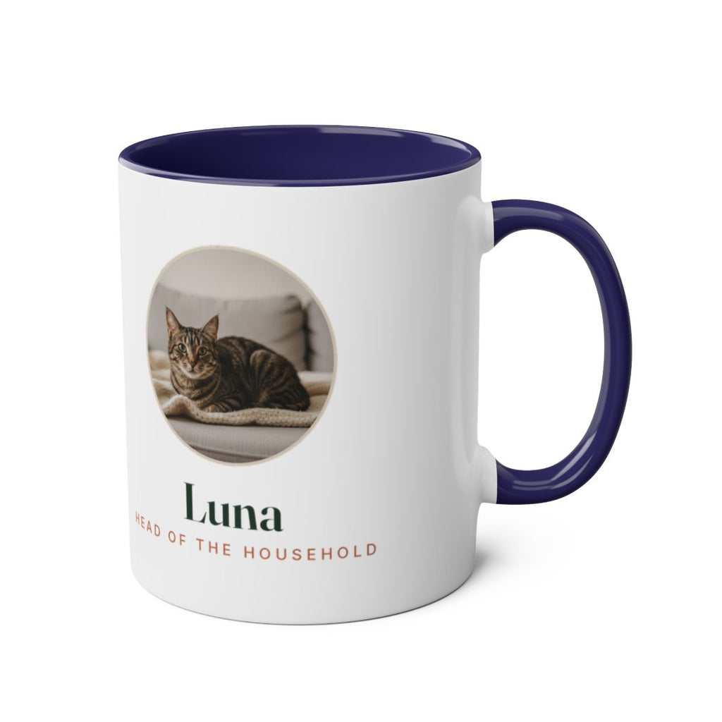 Cat photo two-tone mug in dark blue with the handle on the right, showing the cat photo and name on the other side