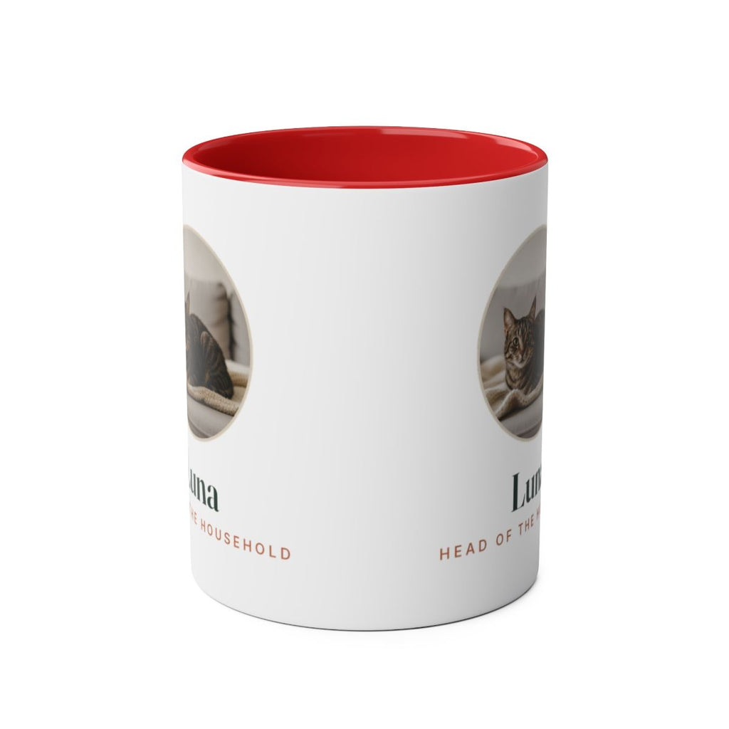 Cat photo two-tone mug in red seen straight on with the handle behind, the cat photo visible at both edges