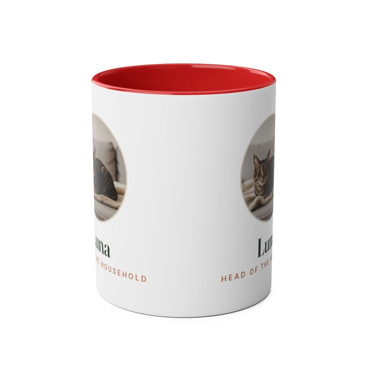 Cat photo two-tone mug in red seen straight on with the handle behind, the cat photo visible at both edges