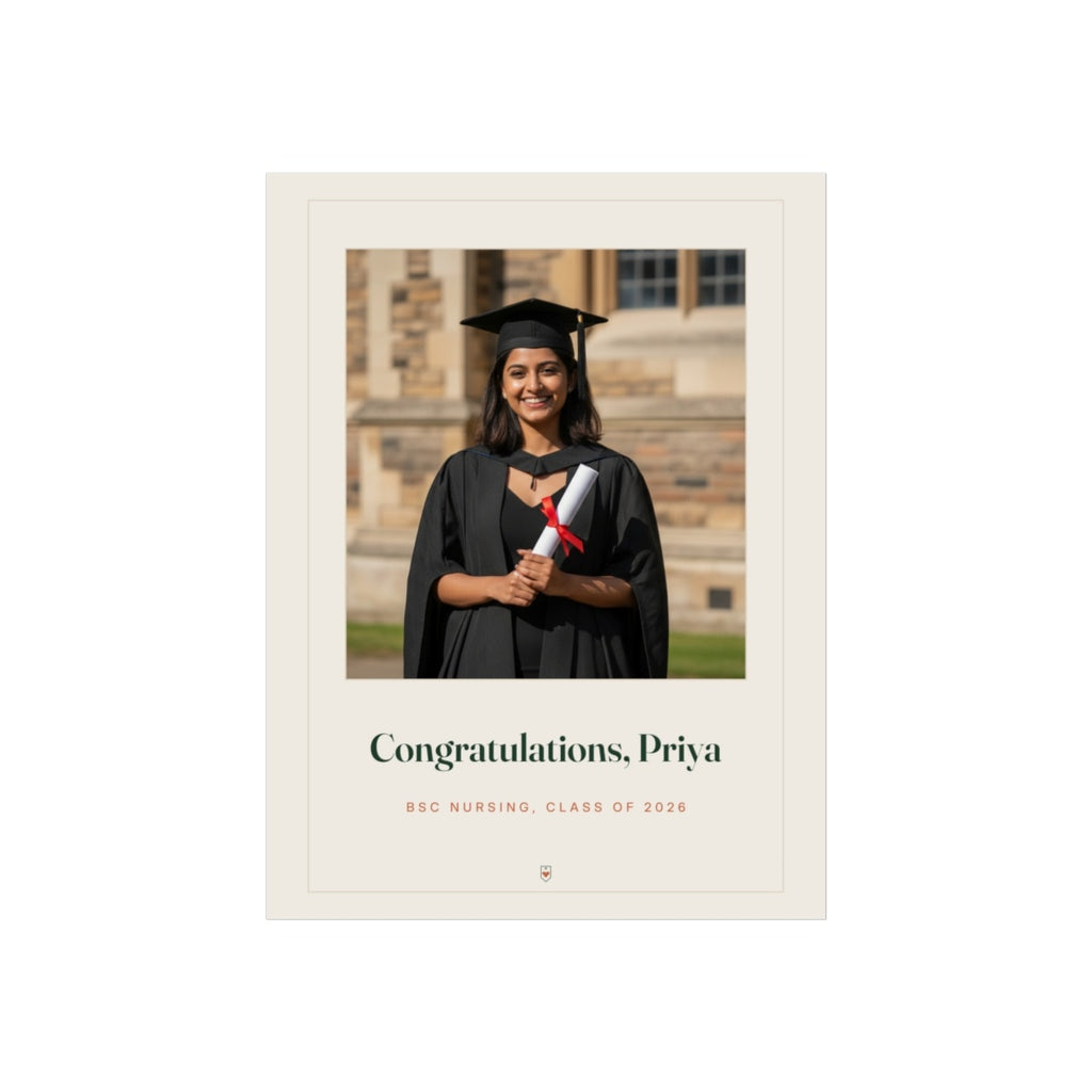 Personalised graduation photo print mock-up with a sample graduate holding a scroll and 'Congratulations, Priya'