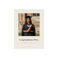 Personalised graduation photo print mock-up with a sample graduate holding a scroll and 'Congratulations, Priya'