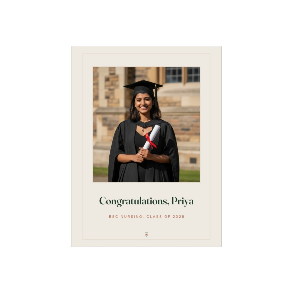 Personalised graduation photo print mock-up with a sample graduate holding a scroll and 'Congratulations, Priya'