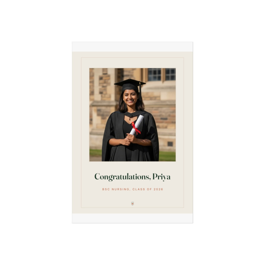 Personalised graduation photo print mock-up, flat at the smaller size with the graduate photo and 'Congratulations, Priya'