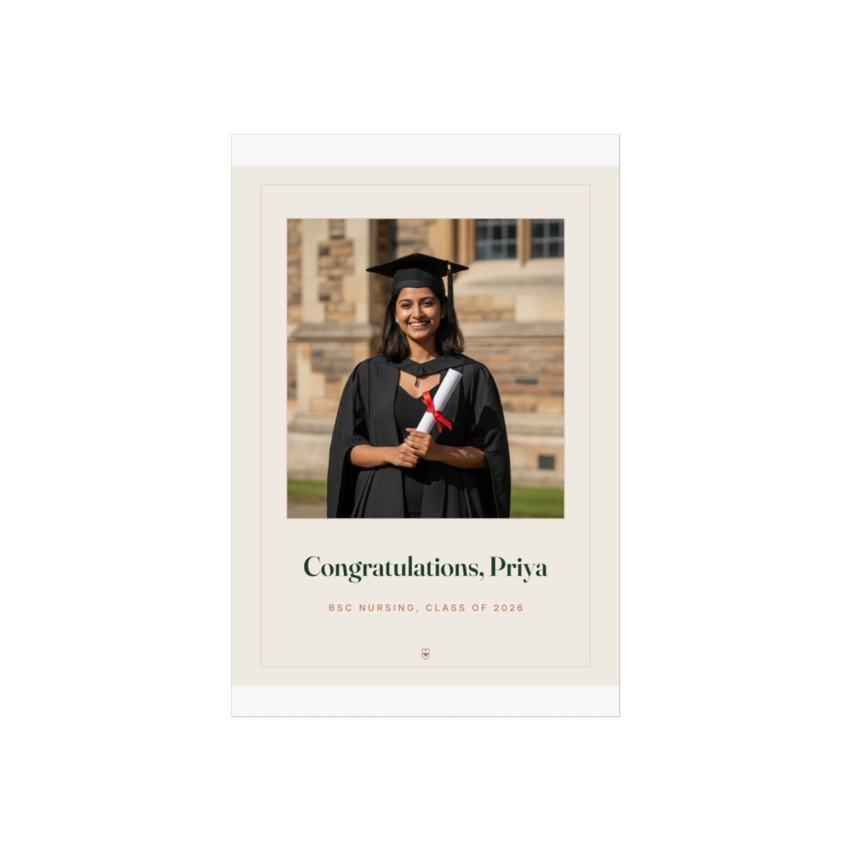 Personalised graduation photo print mock-up, flat at the smaller size with the graduate photo and 'Congratulations, Priya'