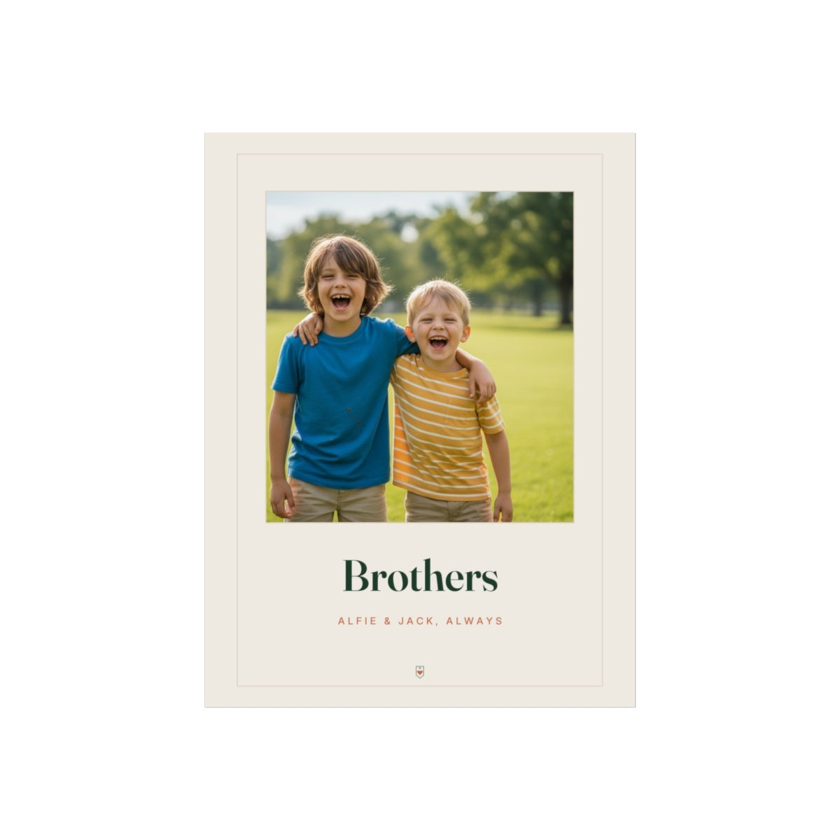 Personalised brothers photo print mock-up, sample photo showing two laughing boys, 'Brothers' and 'Alfie & Jack, always'