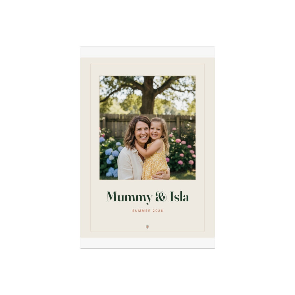 Personalised Mum photo print mock-up flat in the taller 8 x 12 in proportion, sample caption 'Mummy & Isla' beneath the photo