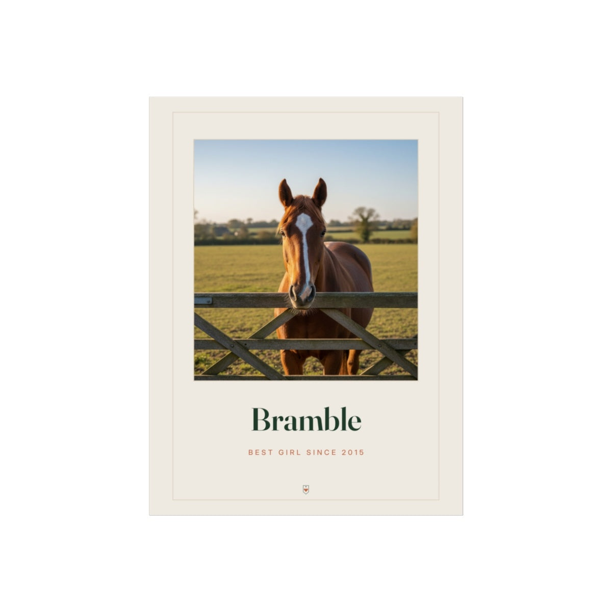 Personalised horse photo print mock-up with chestnut horse at a gate, 'Bramble' and 'Best girl since 2015' on a cream border