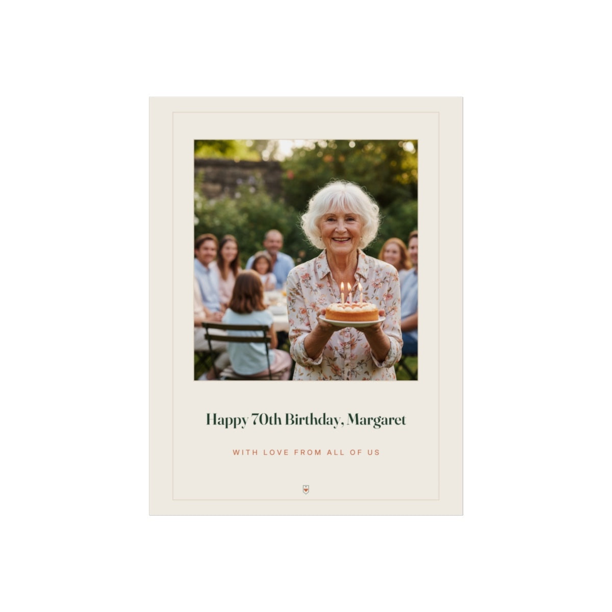 Personalised birthday photo print mock-up, sample photo showing a woman with a cake, 'Happy 70th Birthday, Margaret'