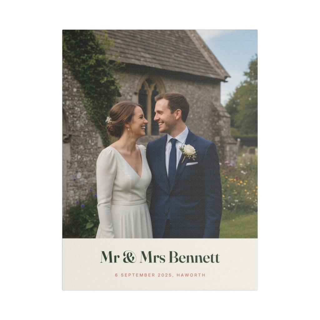 Personalised wedding photo canvas mock-up with a sample church photo, 'Mr & Mrs Bennett' and '6 September 2025, Haworth'