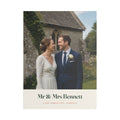 Personalised wedding photo canvas mock-up with a sample church photo, 'Mr & Mrs Bennett' and '6 September 2025, Haworth'
