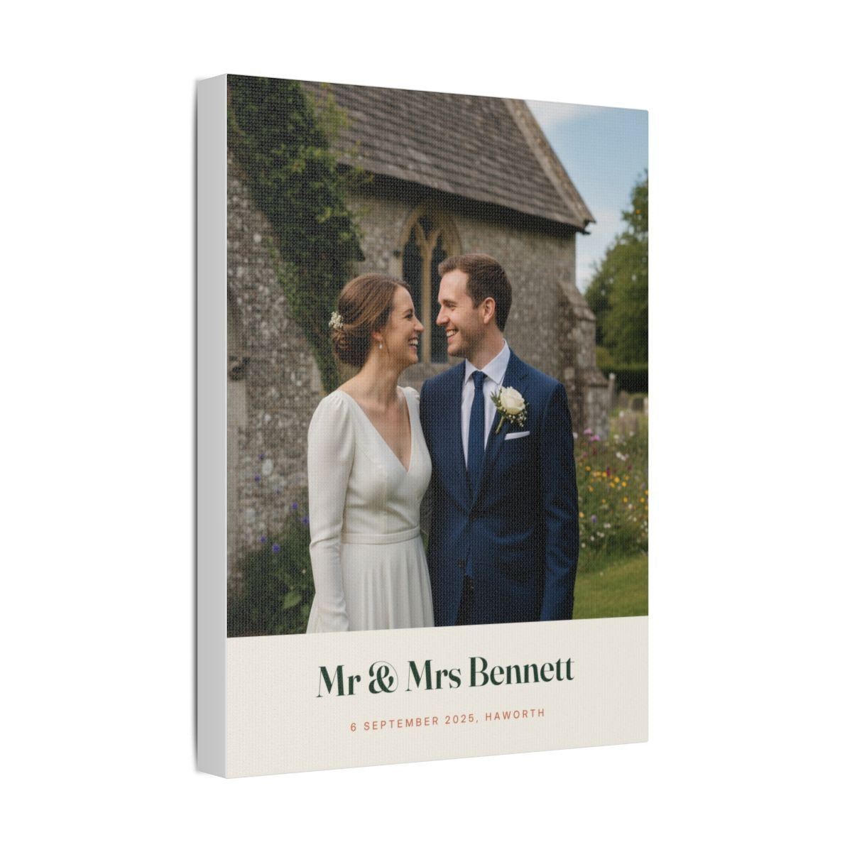 Personalised wedding photo canvas mock-up angled to show the stretched canvas edge and the textured surface