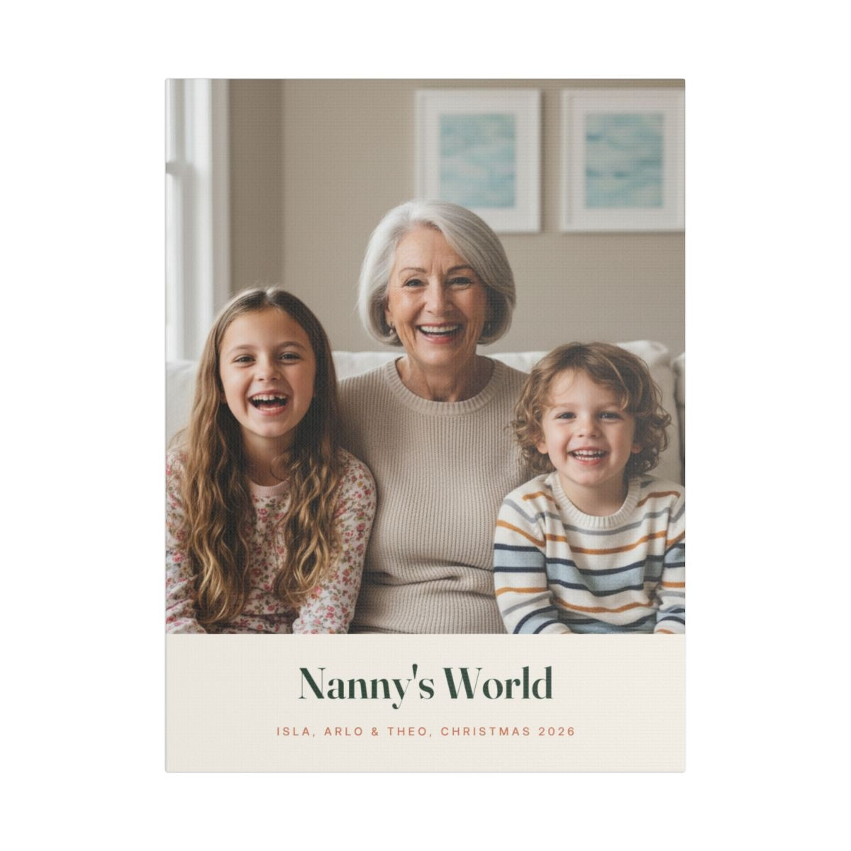 Personalised grandchildren photo canvas mock-up, sample photo showing a grandma and two children, captioned 'Nanny's World'