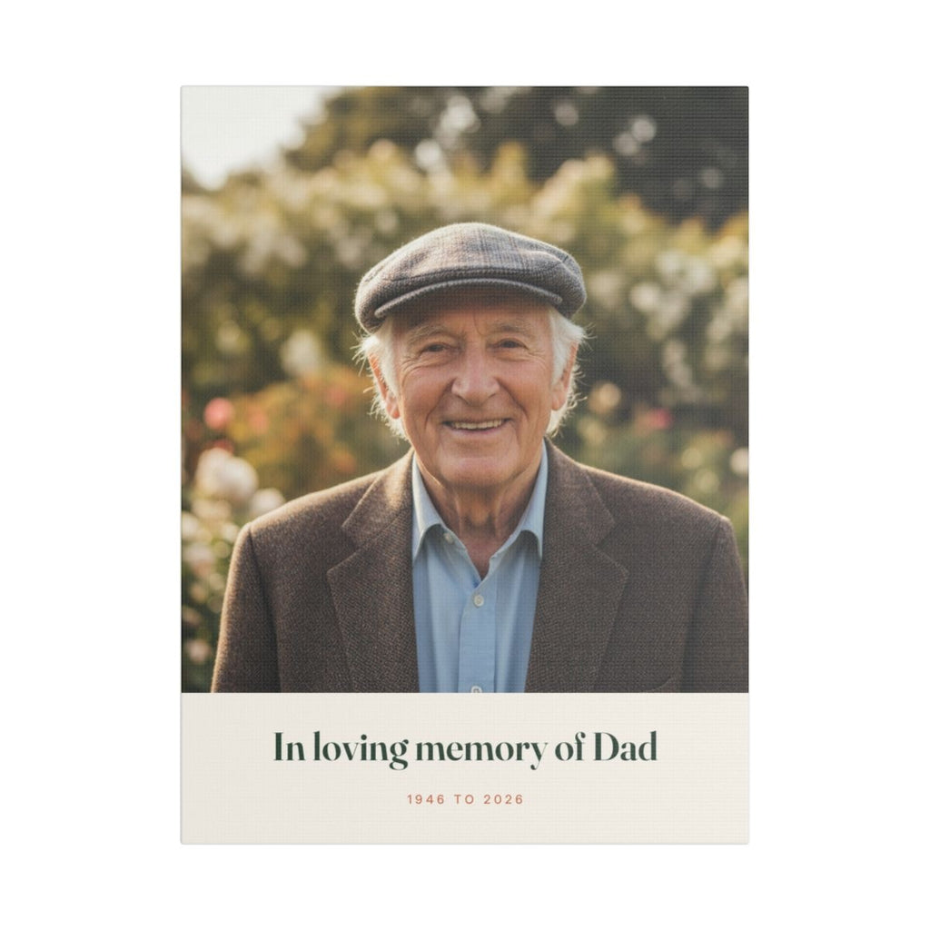 Personalised in loving memory photo canvas mock-up, older man in a flat cap, 'In loving memory of Dad' and '1946 to 2026'