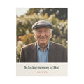 Personalised in loving memory photo canvas mock-up, older man in a flat cap, 'In loving memory of Dad' and '1946 to 2026'