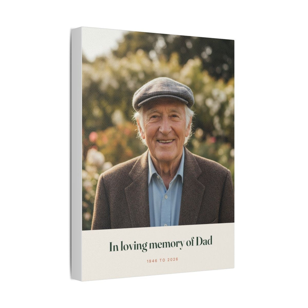 Personalised in loving memory photo canvas mock-up angled to show the photo wrapping round the stretched canvas edge