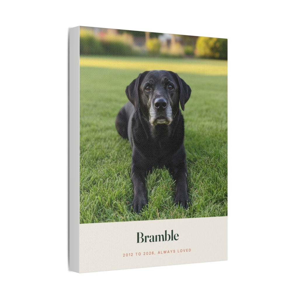 Pet memorial photo canvas mock-up angled to show the deep stretched edge, Labrador photo with 'Bramble' beneath
