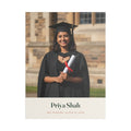 Personalised graduation photo canvas mock-up with a sample graduate holding a scroll, 'Priya Shah' and 'Class of 2026'