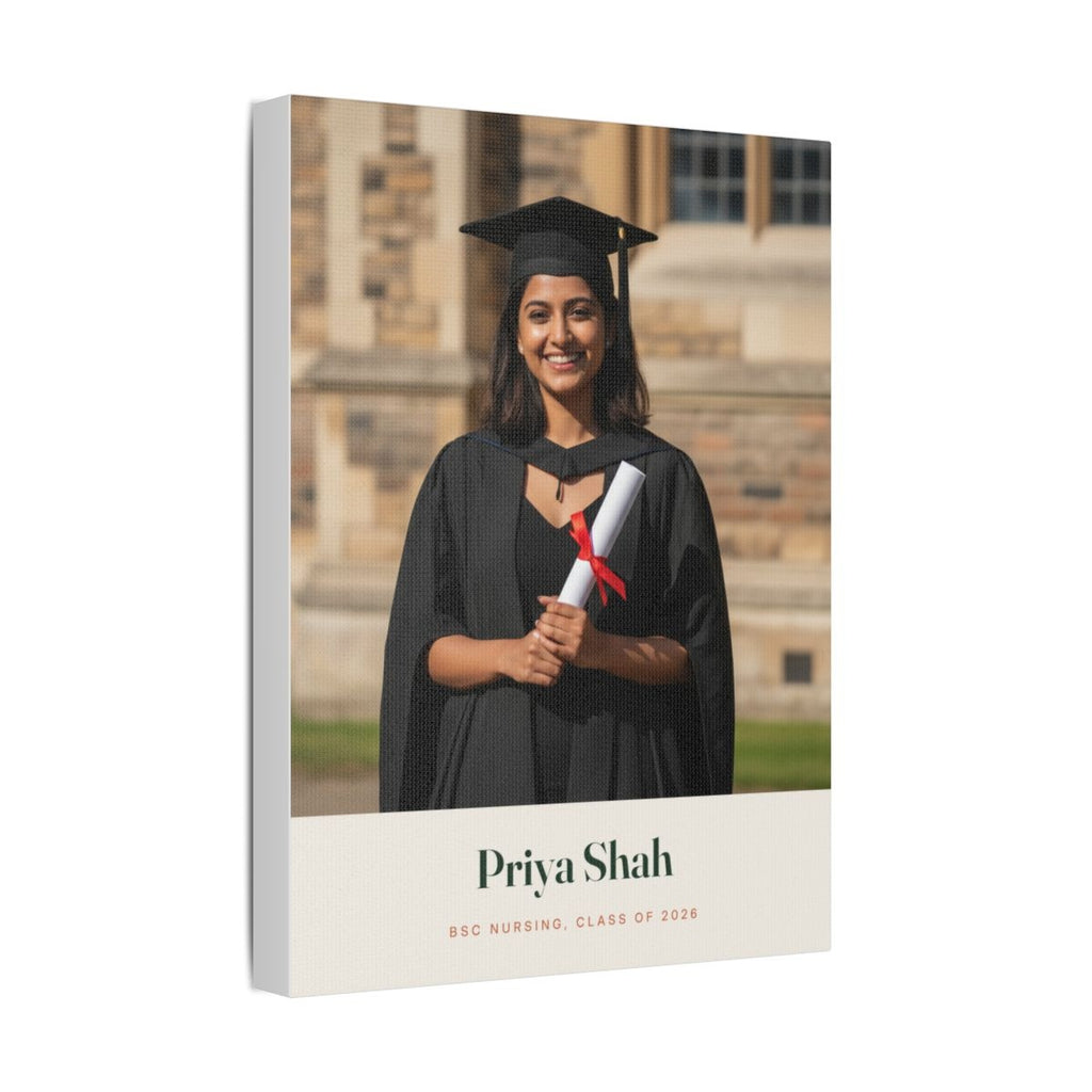 Personalised graduation photo canvas mock-up angled to show the depth of the stretched canvas edge