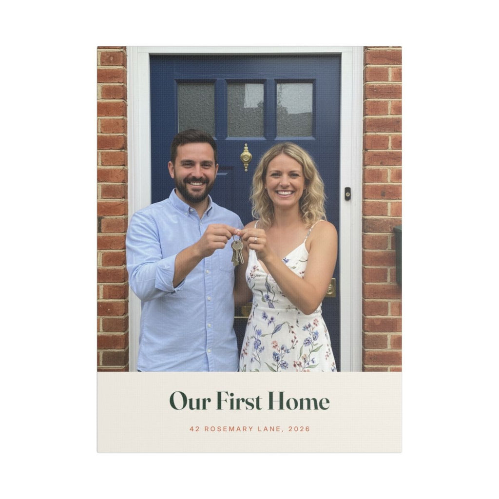 Personalised new home photo canvas mock-up, a couple with keys at a blue door, 'Our First Home', '42 Rosemary Lane, 2026'