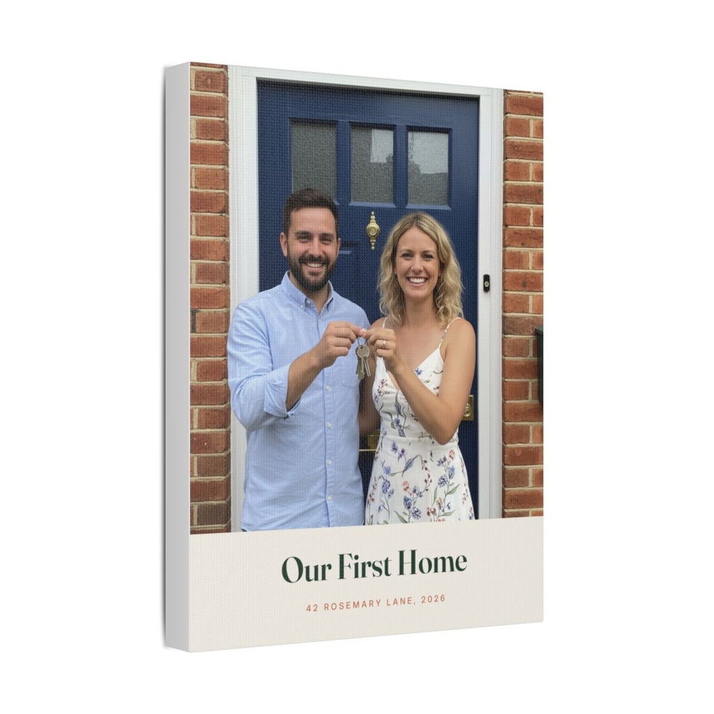 Personalised new home photo canvas mock-up angled to show the wrapped canvas edge, 'Our First Home' beneath the photo
