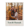 Personalised couple photo fleece blanket mock-up with an autumn photo, 'Tom & Hannah' and 'Married 6 September 2025'