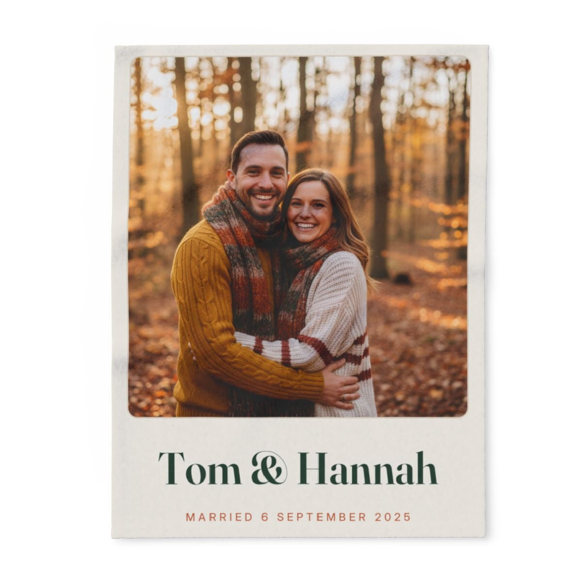 Personalised couple photo fleece blanket mock-up with an autumn photo, 'Tom & Hannah' and 'Married 6 September 2025'
