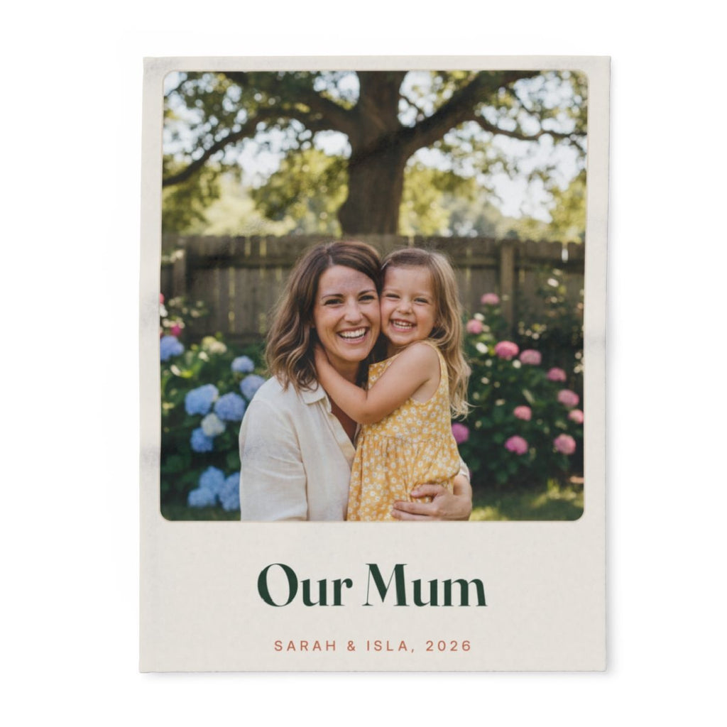 Personalised Mum photo fleece blanket mock-up laid flat, a mum and daughter with 'Our Mum' and 'Sarah & Isla, 2026'