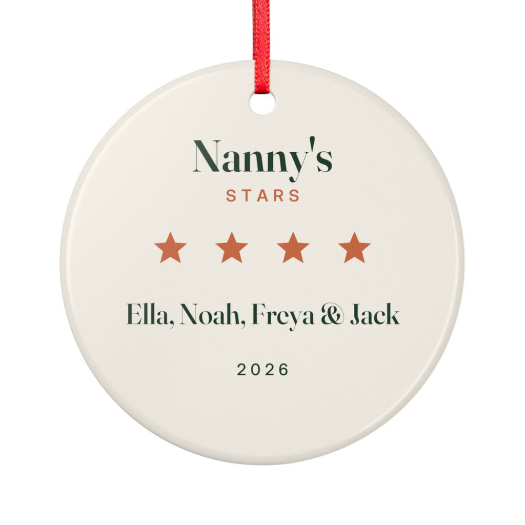 Grandparents ceramic ornament mock-up seen from the other side, with the same 'Nanny's Stars', four stars, 'Ella, Noah, Freya & Jack' and '2026'