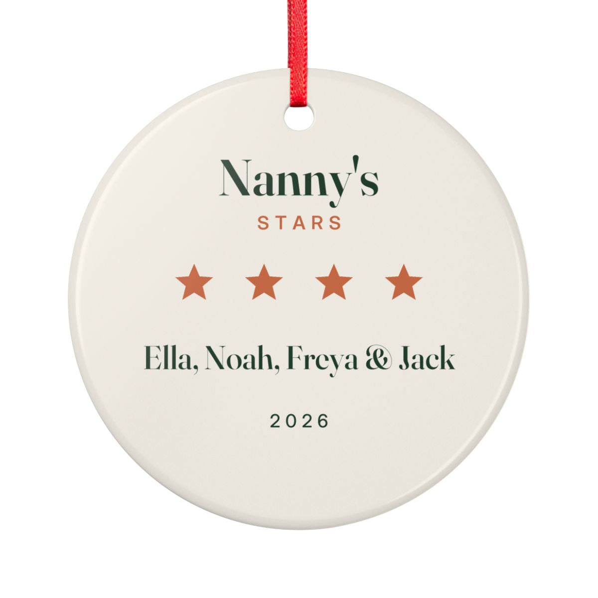 Grandparents ceramic ornament mock-up seen from the other side, with the same 'Nanny's Stars', four stars, 'Ella, Noah, Freya & Jack' and '2026'