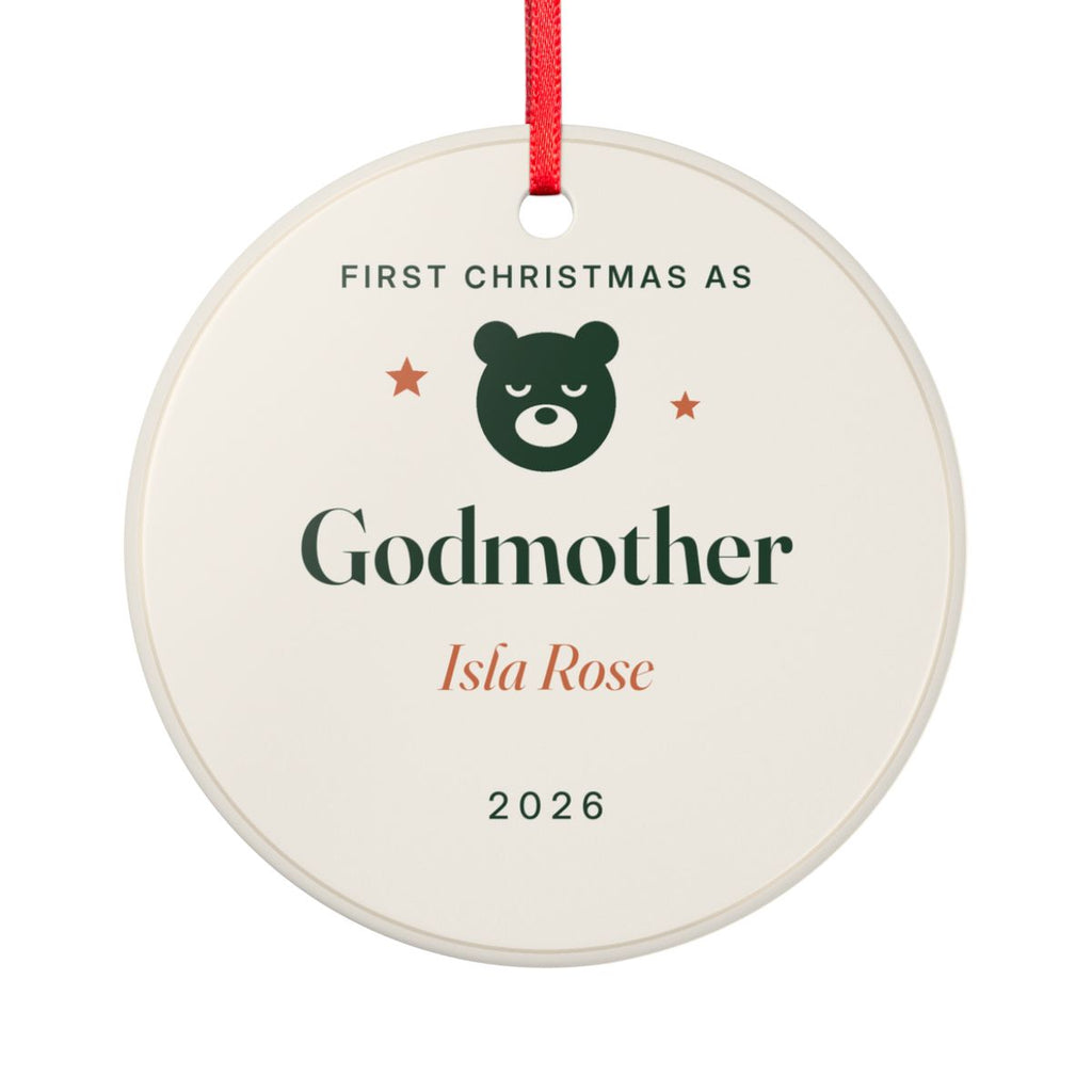 First Christmas as godparents ornament mock-up seen from the other side, with the same green bear, 'Godmother', 'Isla Rose' and '2026'