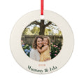 Personalised Mum photo Christmas ornament mock-up, round ceramic with a mum and daughter photo, '2026' and 'Mummy & Isla'