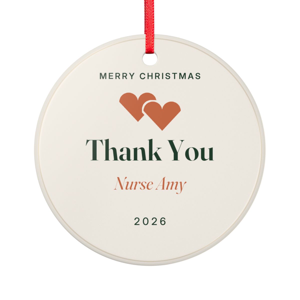 Thank You ceramic Christmas ornament mock-up seen from the other side, with the same two orange hearts, 'Thank You', 'Nurse Amy' and '2026'