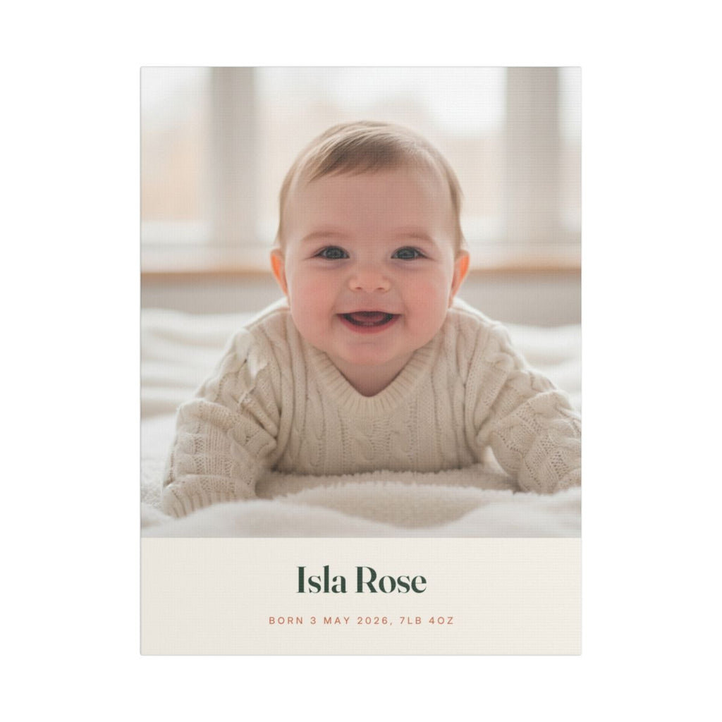 Personalised new baby photo canvas mock-up with a baby in a cream jumper, 'Isla Rose' and 'Born 3 May 2026, 7lb 4oz'