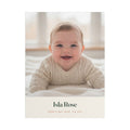 Personalised new baby photo canvas mock-up with a baby in a cream jumper, 'Isla Rose' and 'Born 3 May 2026, 7lb 4oz'