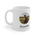 Personalised horse photo mug mock-up, handle left, chestnut horse in a round frame, 'Bramble' and 'Best girl since 2015'