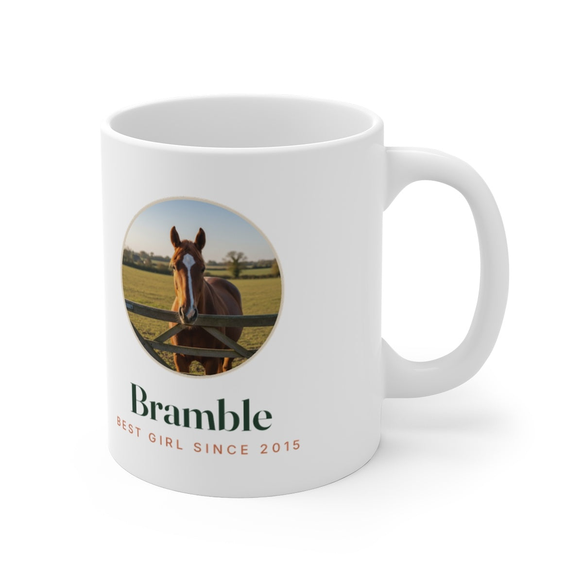 Personalised horse photo mug mock-up with the handle on the right, showing the round horse photo and sample name 'Bramble'