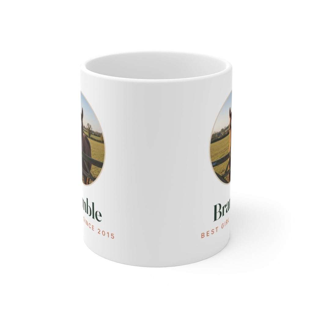 Personalised horse photo mug mock-up seen from the front, showing the design printed on both sides of the white mug