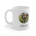 Personalised rabbit photo mug mock-up, sample lop-eared rabbit in a round frame with 'Clover' and 'Loved since 2023'