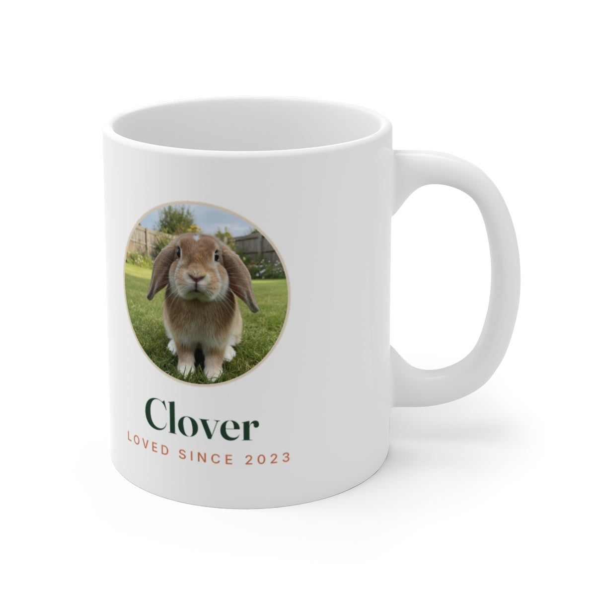 Rabbit photo mug mock-up with the handle on the right, round rabbit photo above 'Clover' and 'Loved since 2023'