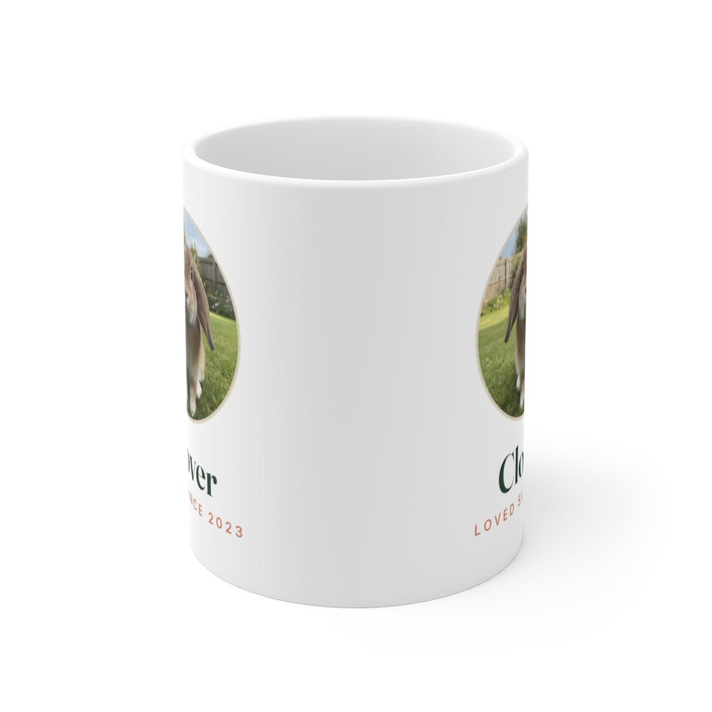 Rabbit photo mug mock-up with the handle hidden behind, the round rabbit photo and 'Clover' print partly showing at each edge